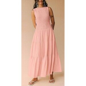 Free People free-est Natural Sterling Maxi Dress Smocked Tiered Pink XXS 289972